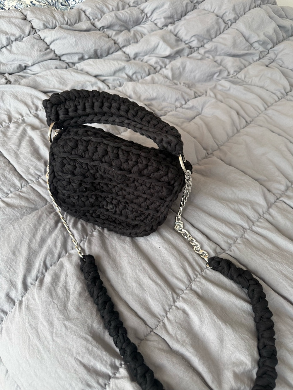 Black Crochet Chain-Accent Crossbody Bag